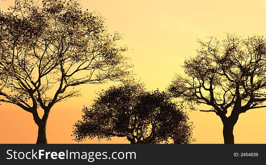 Tree silhouettes at sunset - 3d scene. Tree silhouettes at sunset - 3d scene.