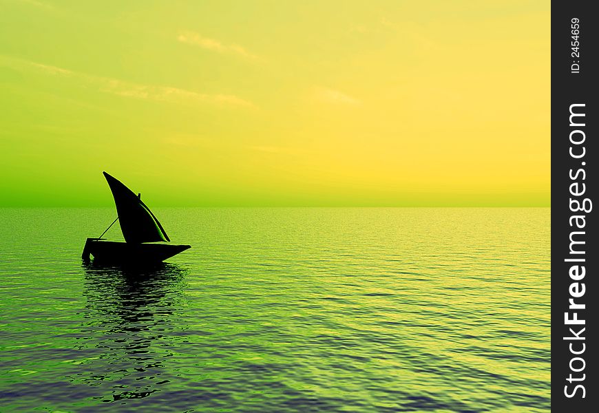 Small boat and  sunset  sky - 3d landscape scene .