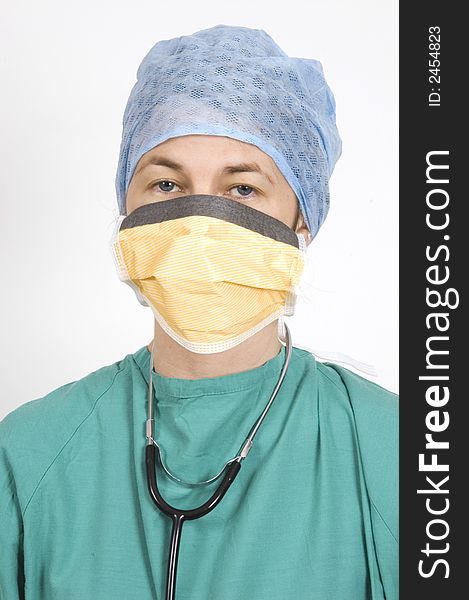 A female surgeon in her sterile surgical clothes