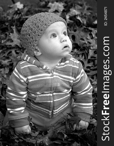 Black and white image of cute baby sitting in a pile of fallen leaves. Black and white image of cute baby sitting in a pile of fallen leaves