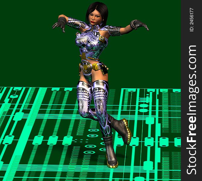 Cool woman in futuristic clothing appears from your best side. She stands on modern cyber marking. Cool woman in futuristic clothing appears from your best side. She stands on modern cyber marking