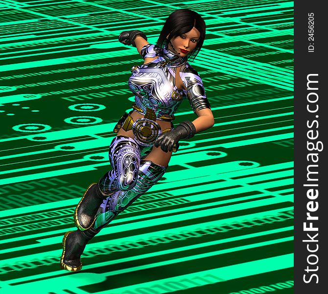 Cool woman in futuristic clothing is ready for the attack. She stands on a modern cyber marking. Cool woman in futuristic clothing is ready for the attack. She stands on a modern cyber marking