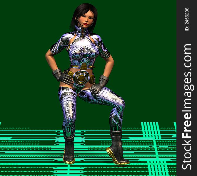 Cool woman in futuristic clothing waits on your use. She stands on a modern cyber marking. Cool woman in futuristic clothing waits on your use. She stands on a modern cyber marking