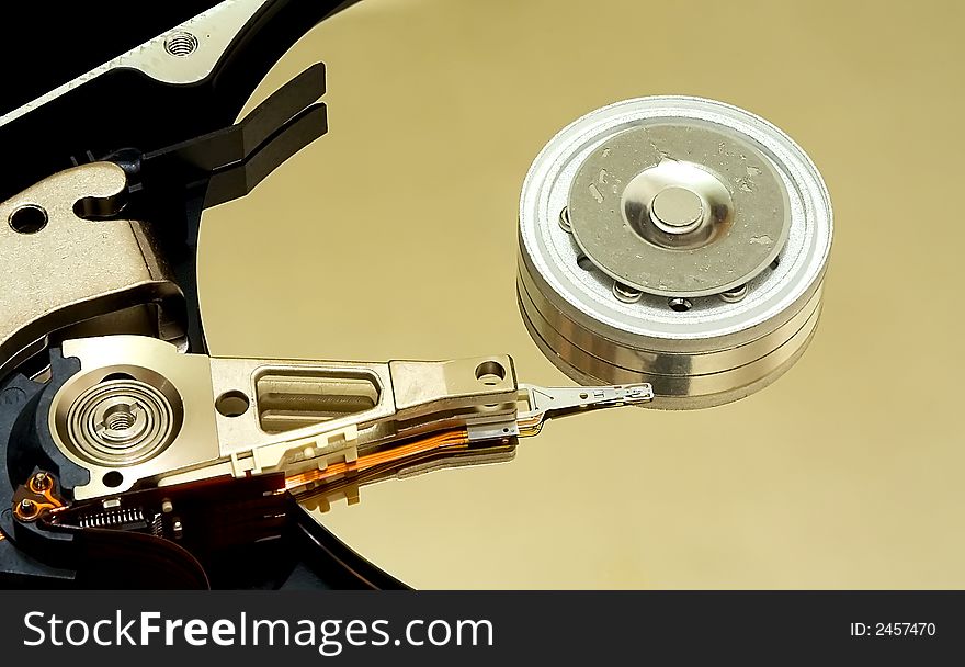 Inside hard disk drive, close up view.