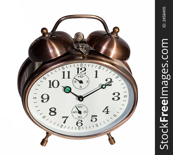 Isolated bronze vintage alarm clock without shadow