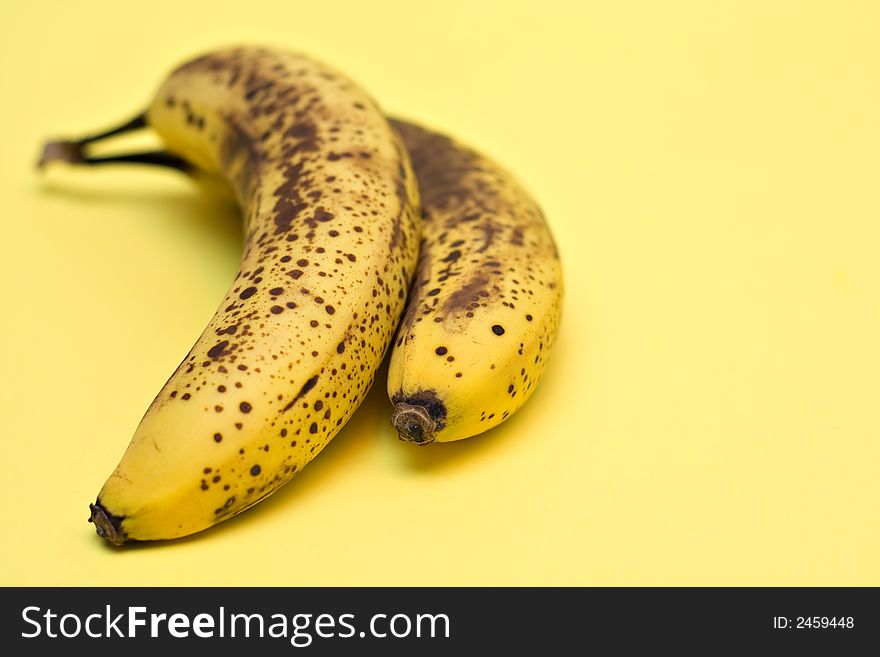 Two over ripe bananas - just right for baking. Shallow depth of field