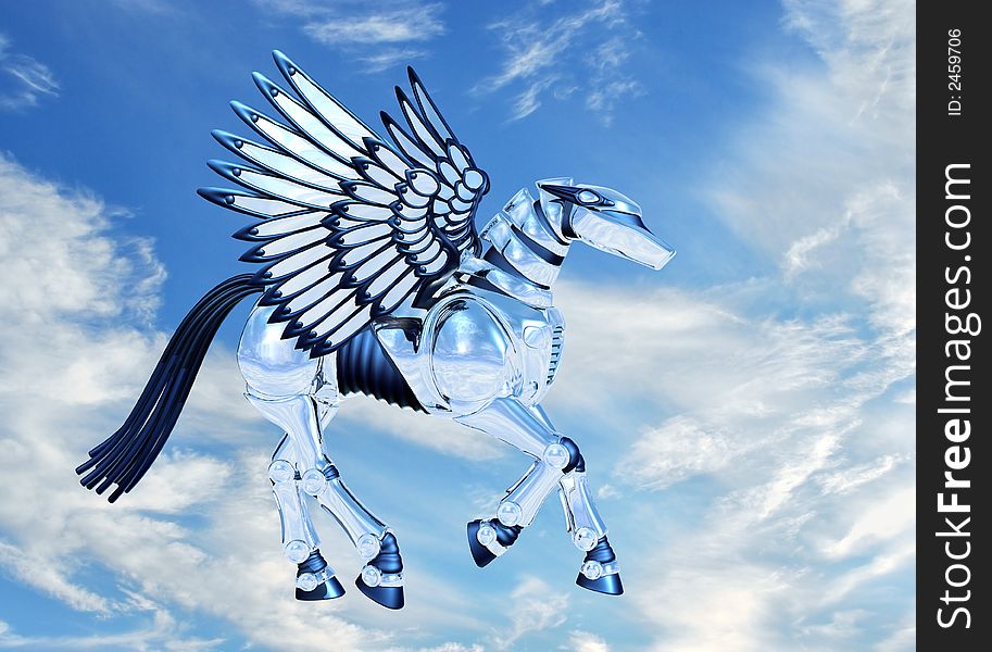 3d render of a chrome Pegasus, in the sky. Sky is one of my digital photos. 3d render of a chrome Pegasus, in the sky. Sky is one of my digital photos.