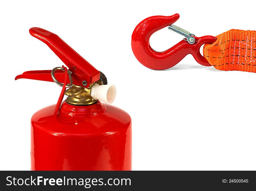 Emergency car cord and fire extinguisher on a white background. Emergency car cord and fire extinguisher on a white background