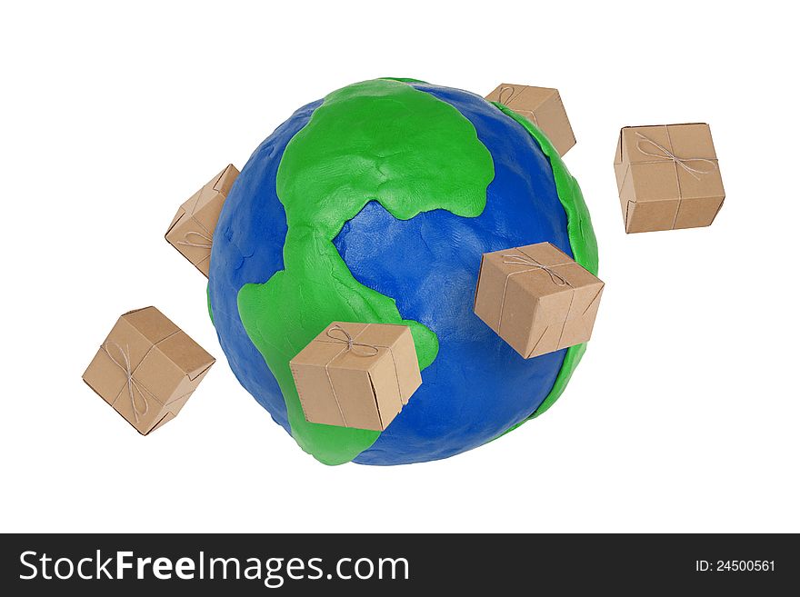 Plasticine Globe and flying around the cardboard boxes. Plasticine Globe and flying around the cardboard boxes