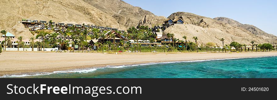 Southern beach of Eilat – famous recreation and resort town of Israel. Southern beach of Eilat – famous recreation and resort town of Israel