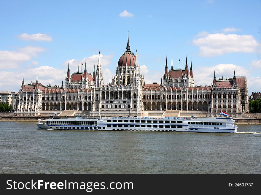 The parliament building with ship in Budapest, Hungary