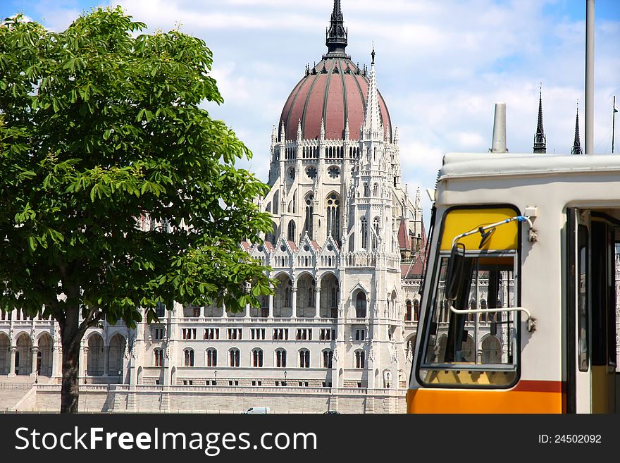 Tramway and parliament building in Budapest, Hungary