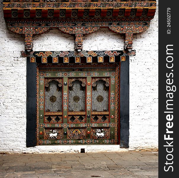 Bhutanese window in the Temple of Bhutan.