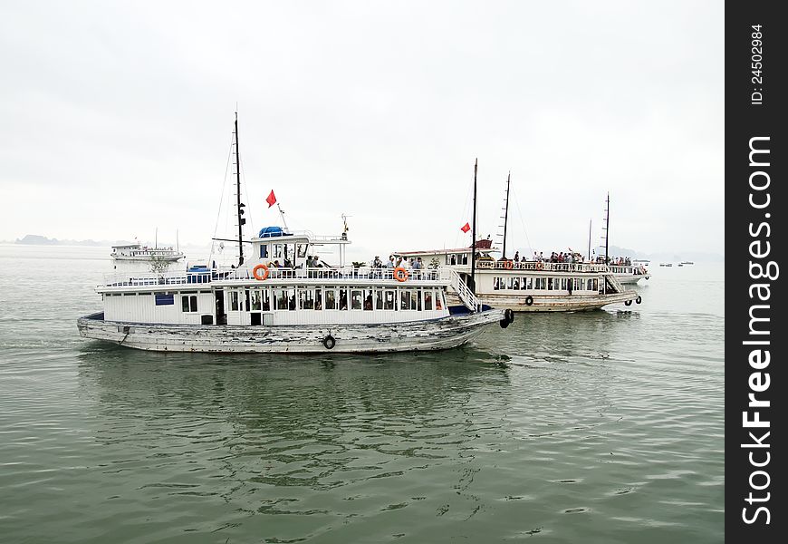 Tourist boats in Halong Bay, Vietnam.