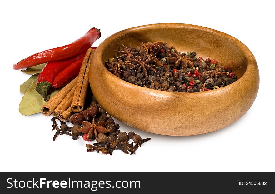 Assorted spices : pepper , cinnamon , allspice and bay leaf. Assorted spices : pepper , cinnamon , allspice and bay leaf