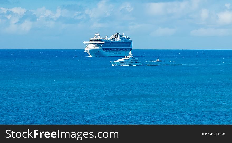 Cruise Ship and Luxury Yacht in the Caribbean Sea