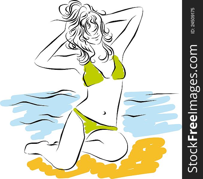 Summer girl on beach. Vector Illustration