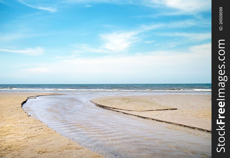 Track of boat on beach with cloudy sky, huahin, thailand. Track of boat on beach with cloudy sky, huahin, thailand