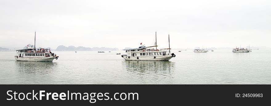 Tourist boats in Halong Bay, Vietnam.