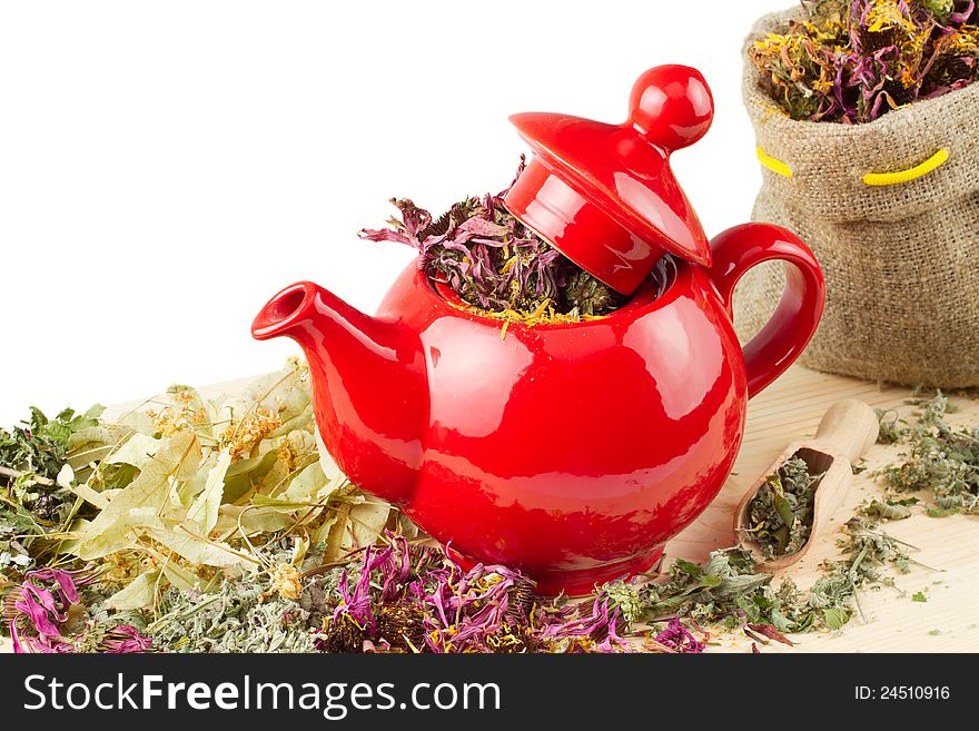 Red teapot, mortar and pestle