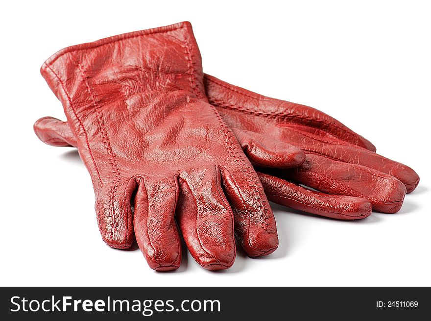 Women's Red leather gloves isolated on white background. Women's Red leather gloves isolated on white background