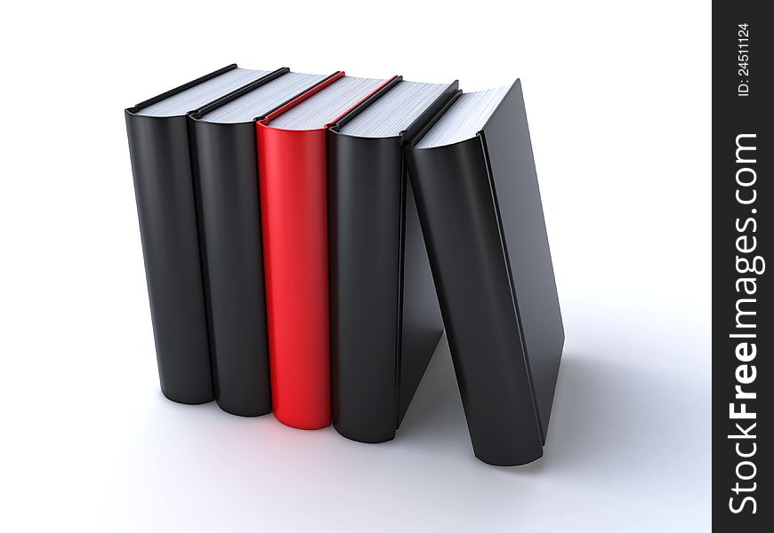 Couple of black books with the red book in the middle (3d render)