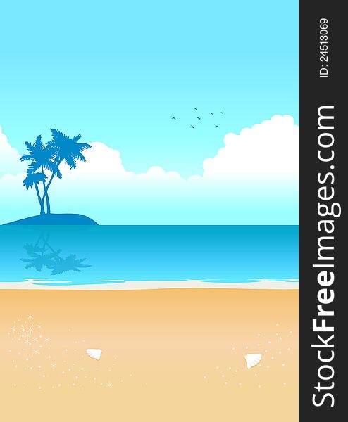 Illustration of the beach with small island with palm trees on it