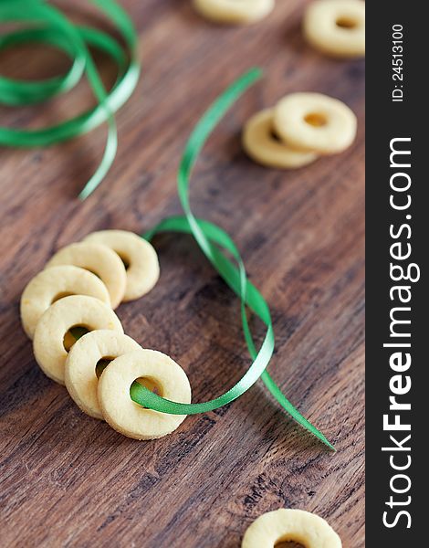 Lemon cookies on ribbon, selective focus