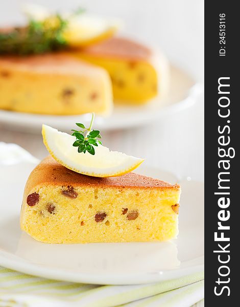 Lemon cake with raisins, selective focus