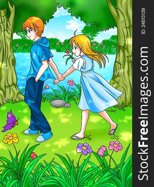Cartoon illustration of teen couple walking in the garden. Cartoon illustration of teen couple walking in the garden