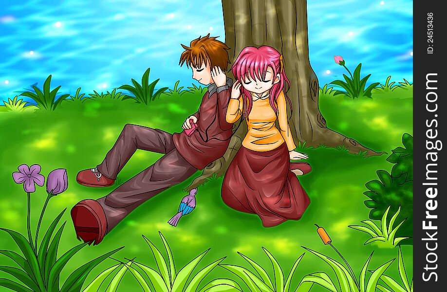 Cartoon illustration of a couple sitting under the tree. Cartoon illustration of a couple sitting under the tree