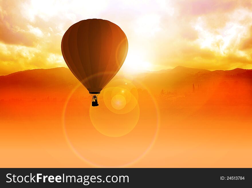 Photo manipulation of an air balloon at the sunrise