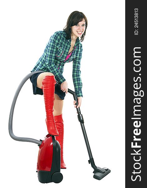 Happy beautiful girl vacuums isolated