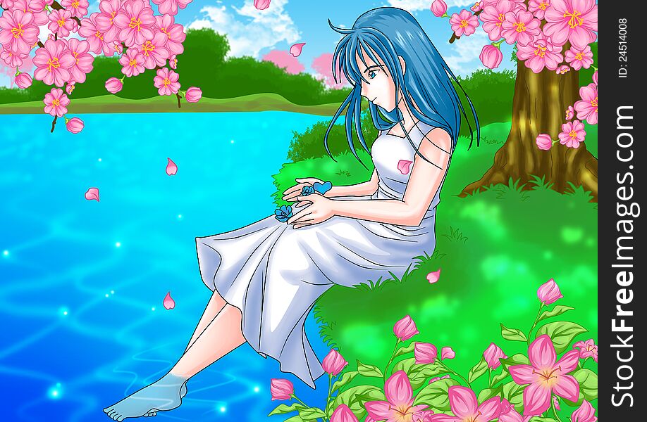 Cartoon illustration of a girl sitting near the river. Cartoon illustration of a girl sitting near the river
