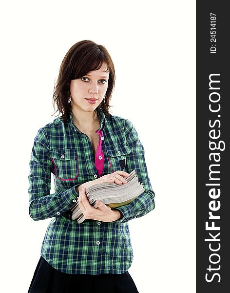 Beautiful girl schoolgirl with literature