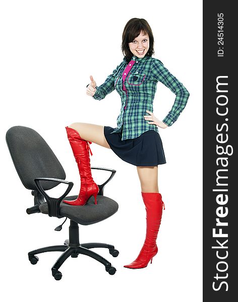 Beautiful girl with a computer chair indicates the sign of good