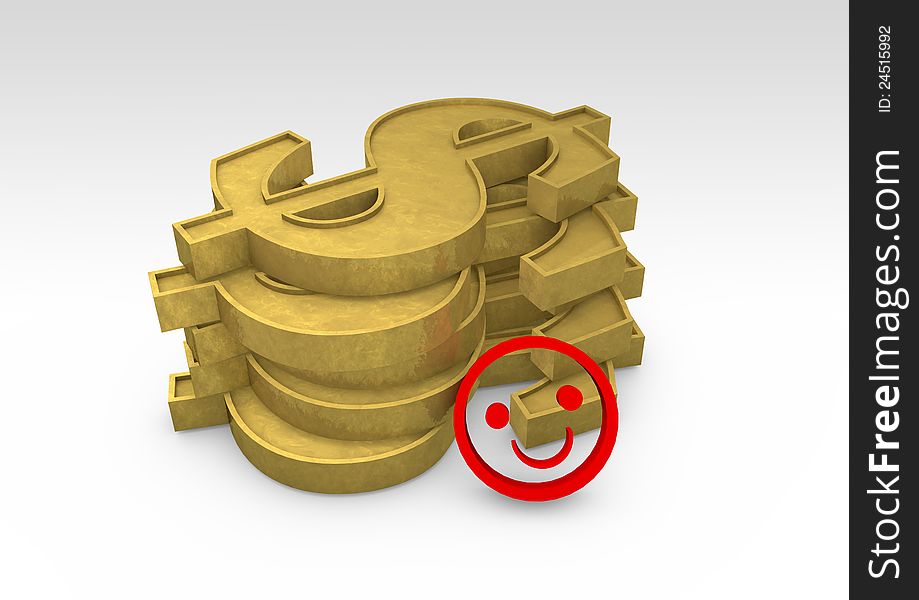 Illustration of dollar symbols and a smile.