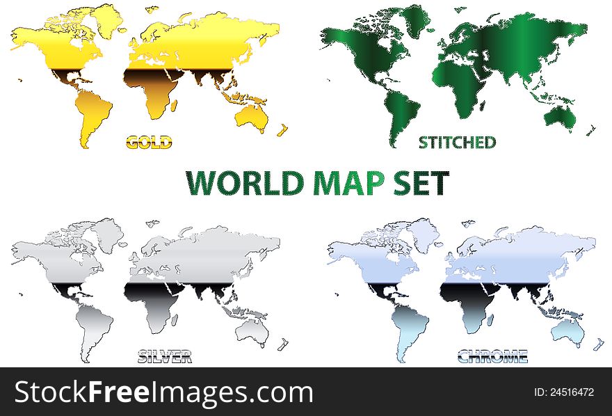 A set of 4 world map in different styles, gold, silver, chrome and stitched. A set of 4 world map in different styles, gold, silver, chrome and stitched