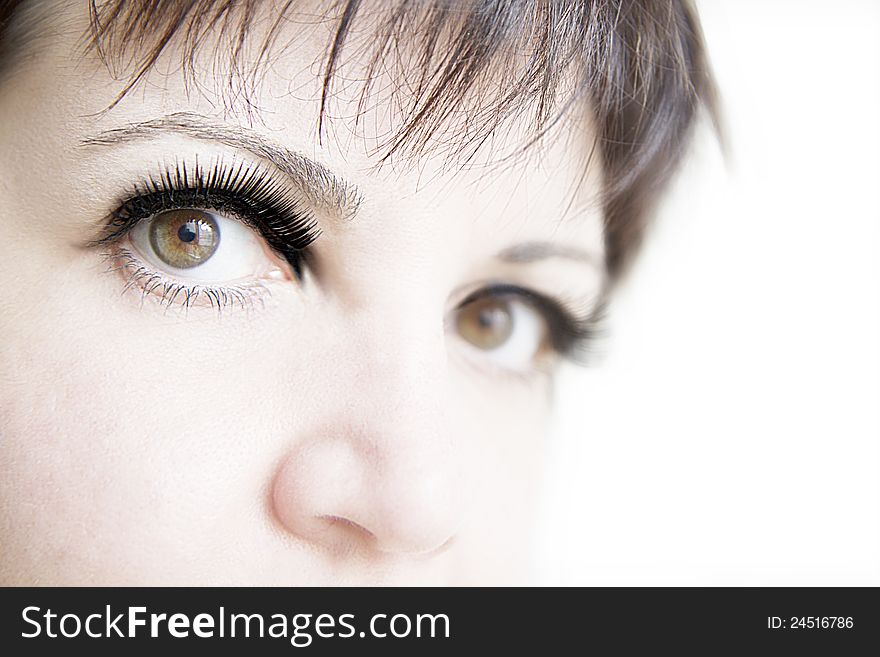 Portrait of woman,False eyelashes in black. Portrait of woman,False eyelashes in black