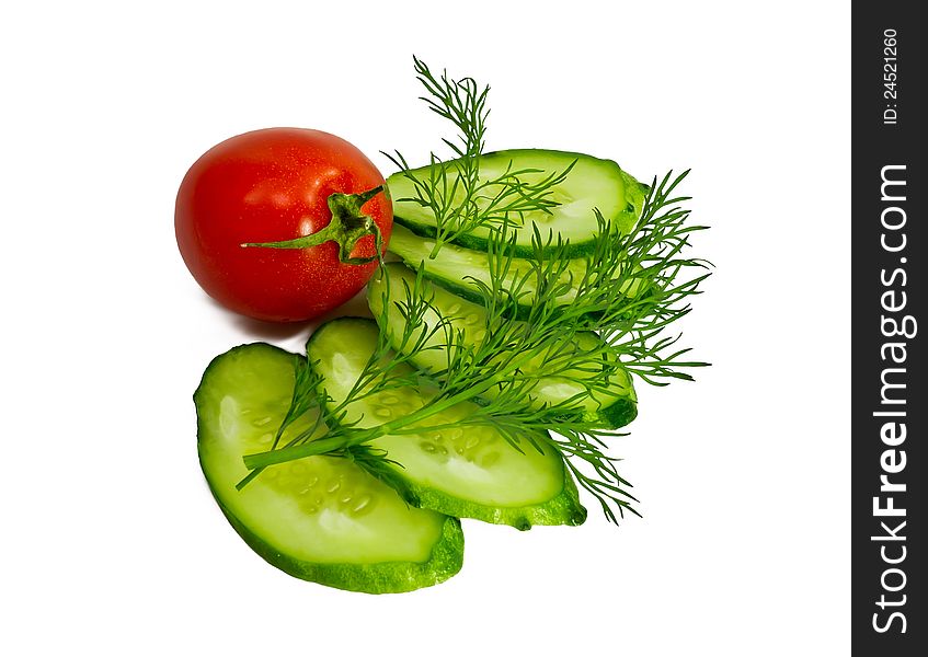 Tomato cucumber dill on white background