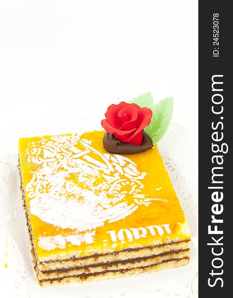 Burned yolk cake and delicious chocolate with white background