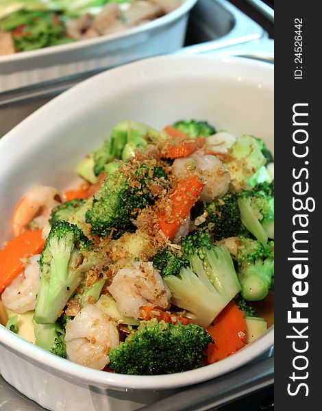 Fried shrimp vegetables in a big bowl. Fried shrimp vegetables in a big bowl