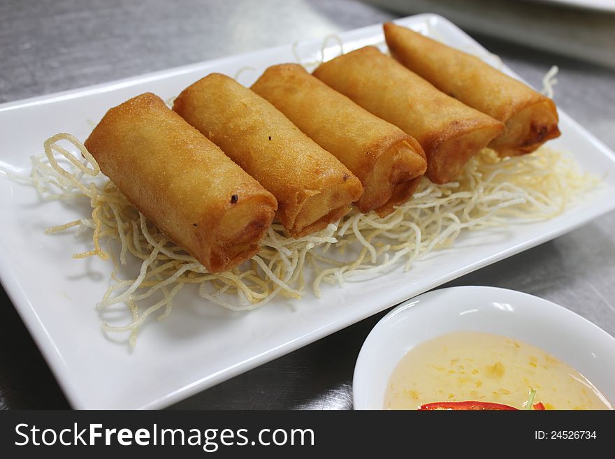 Deep fried spring rolls with sweet sauce