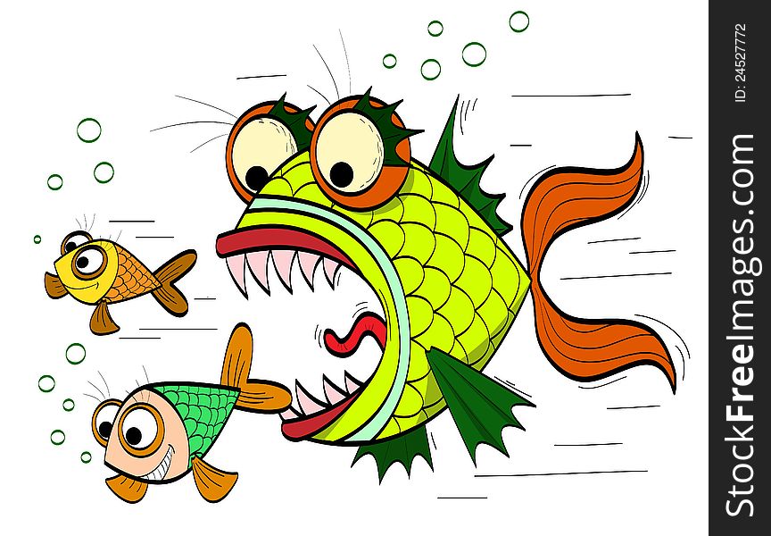 Angry toothed fish chasing small fish. Angry toothed fish chasing small fish