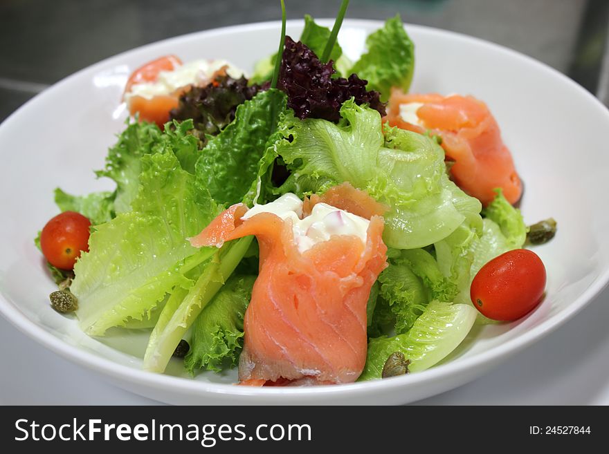 Italian menu salad Smoked salmon with vegetable