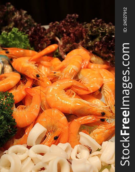 Boiled shrimp on ice for a party