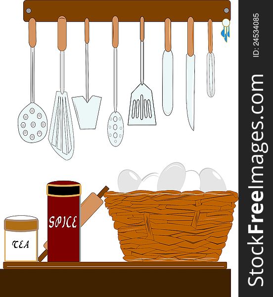 Illustration of retro style kitchen with woven basket of eggs and utensils. Illustration of retro style kitchen with woven basket of eggs and utensils