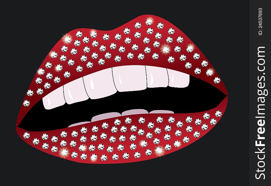 Illustraton of beautiful female red lips with diamonds. Illustraton of beautiful female red lips with diamonds