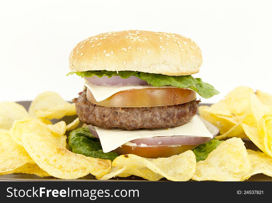 Beef burger with lettuce tomato onion and cheese