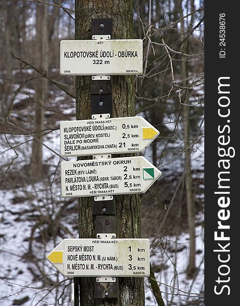 Directional arrows to tourists in the forest, nove mesto nad metuji. Directional arrows to tourists in the forest, nove mesto nad metuji